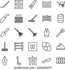 Thin Line Icon Set - security gate vector, trowel, farm fork, rake, wheelbarrow, saw, garden knife, scalpel, cargo container, oil barrel, rack, pause button, application, ink pen, heater, dish