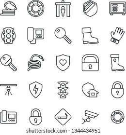 Thin Line Icon Set - security gate vector, smoking place, safe, lock, glove, boot, hose, heart shield, traffic light, protect, key, intercome, home, surveillance, sprinkler, crisis management