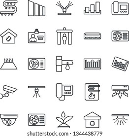 Thin Line Icon Set - security gate vector, identity card, drip irrigation, sorting, barcode, air conditioner, smart home, water heater, intercome, warm floor, surveillance, sprinkler