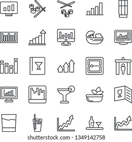 Thin Line Icon Set - security gate vector, growth statistic, monitor, barcode, equalizer, scanner, statistics, bar graph, alcohol, wine card, drink, cocktail, phyto, salad, sushi, arrow up