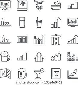 Thin Line Icon Set - security gate vector, growth statistic, monitor, barcode, equalizer, scanner, statistics, bar graph, alcohol, wine card, drink, cocktail, phyto, beer, salad, sushi, arrow up