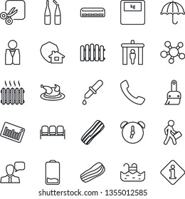 Thin Line Icon Set - security gate vector, waiting area, fence, dropper, scales, ampoule, umbrella, barcode, speaker, share, low battery, call, themes, alarm, cut, manager, pool, heater, waiter