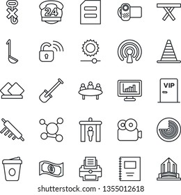 Thin Line Icon Set - security gate vector, border cone, radar, document, coffee, meeting, shovel, picnic table, molecule, 24 hours, no hook, video camera, brightness, copybook, monitor statistics