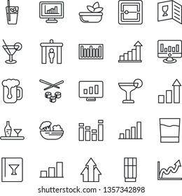 Thin Line Icon Set - security gate vector, growth statistic, monitor, barcode, equalizer, scanner, statistics, bar graph, alcohol, wine card, drink, cocktail, phyto, beer, salad, sushi, arrow up