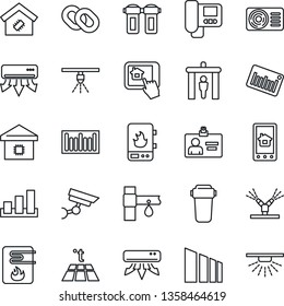 Thin Line Icon Set - security gate vector, identity card, drip irrigation, sorting, barcode, chain, air conditioner, smart home, water heater, intercome, control app, filter, warm floor, sprinkler