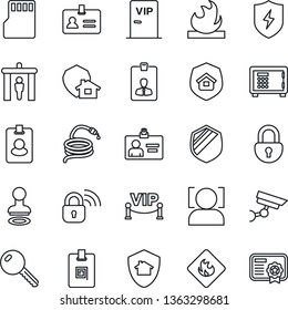 Thin Line Icon Set - security gate vector, identity, stamp, safe, card, hose, shield, flammable, protect, sd, lock, face id, key, estate insurance, vip zone, wireless, home, pass, surveillance