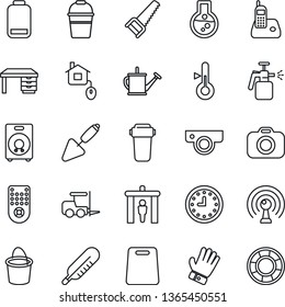 Thin Line Icon Set - security gate vector, fork loader, desk, trowel, watering can, bucket, glove, saw, garden sprayer, thermometer, clock, camera, antenna, remote control, radio phone, speaker, web