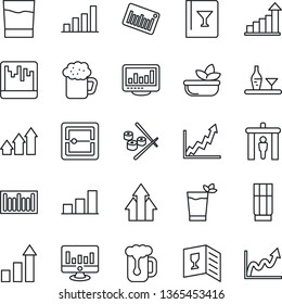 Thin Line Icon Set - security gate vector, growth statistic, monitor, barcode, scanner, statistics, bar graph, alcohol, wine card, drink, phyto, beer, salad, sushi, arrow up