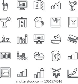 Thin Line Icon Set - security gate vector, growth statistic, monitor, barcode, equalizer, scanner, statistics, bar graph, alcohol, wine card, cocktail, phyto, beer, salad, sushi, arrow up