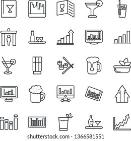 Thin Line Icon Set - security gate vector, growth statistic, monitor, barcode, equalizer, scanner, statistics, bar graph, alcohol, wine card, drink, cocktail, phyto, beer, salad, sushi, arrow up