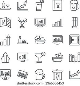 Thin Line Icon Set - security gate vector, growth statistic, monitor, barcode, equalizer, scanner, statistics, bar graph, alcohol, wine card, drink, cocktail, phyto, beer, salad, arrow up