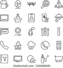 Thin Line Icon Set - security gate vector, reception, speaking man, fire, rain, picnic table, garden sprayer, tv, monitor, call, brightness, identity card, tie, hierarchy, fruit tree, rooms, phone