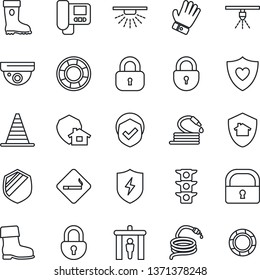 Thin Line Icon Set - security gate vector, smoking place, border cone, lock, glove, boot, hose, heart shield, traffic light, protect, intercome, home, surveillance, sprinkler, crisis management