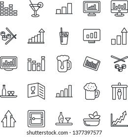 Thin Line Icon Set - security gate vector, growth statistic, monitor, barcode, equalizer, scanner, statistics, bar graph, alcohol, wine card, cocktail, phyto, beer, salad, sushi, arrow up