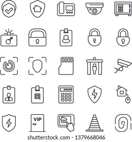 Thin Line Icon Set - security gate vector, bomb in case, border cone, safe, lock, identity card, shield, protect, sd, face id, eye, vip zone, home control, intercome, app, combination, pass