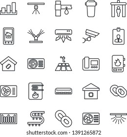 Thin Line Icon Set - security gate vector, identity card, drip irrigation, sorting, barcode, chain, air conditioner, smart home, water heater, intercome, control app, filter, warm floor, sprinkler