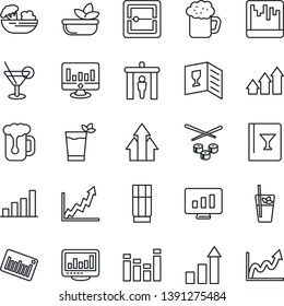 Thin Line Icon Set - security gate vector, growth statistic, monitor, barcode, equalizer, scanner, statistics, bar graph, wine card, drink, cocktail, phyto, beer, salad, sushi, arrow up