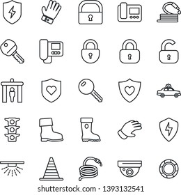 Thin Line Icon Set - security gate vector, alarm car, border cone, lock, glove, boot, hose, heart shield, traffic light, protect, key, intercome, surveillance, sprinkler, crisis management