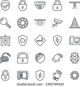 Thin Line Icon Set - security gate vector, smoking place, border cone, safe, lock, glove, hose, traffic light, shield, protect, key, intercome, home, surveillance, sprinkler, crisis management