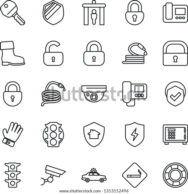 Thin\
Line Icon Set - security gate vector, smoking place, alarm car,\
safe, lock, glove, boot, hose, traffic light, shield, protect, key,\
intercome, home, surveillance, crisis\
management