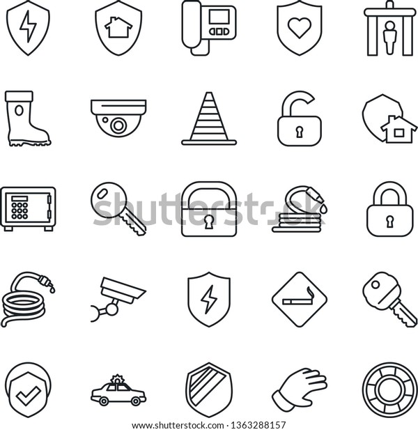 Thin Line Icon Set - security gate vector,\
smoking place, alarm car, border cone, safe, glove, boot, hose,\
heart shield, protect, lock, key, intercome, home, surveillance,\
crisis management