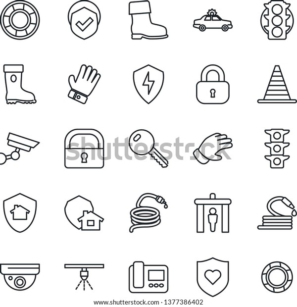 Thin Line Icon Set - security gate vector,\
alarm car, border cone, glove, boot, hose, heart shield, traffic\
light, protect, lock, key, intercome, home, surveillance,\
sprinkler, crisis\
management