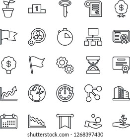 Thin Line Icon Set - seedling vector, stopwatch, consumer search, gear, clock, pennon, earth, growth graph, crisis, investment, calendar, flag, social media, hierarchy, certificate, pedestal, tie