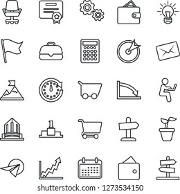 Thin Line Icon Set - seedling vector, target, gear, motivation, wallet, clock, growth graph, crisis, office chair, idea, calendar, cart, flag, case, calculator, paper plane, certificate, mail