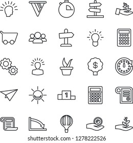 Thin Line Icon Set - seedling vector, stopwatch, alarm led, group, gear, palm sproute, shining head, clock, pennon, crisis, investment, idea, cart, calculator, paper plane, pedestal, contract
