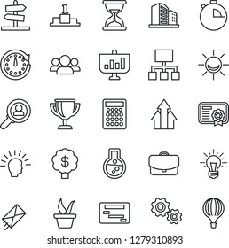 Thin Line Icon Set - seedling vector, stopwatch, alarm led, consumer search, group, arrow up graph, gear, shining head, clock, idea, flask, case, calculator, schedule, hierarchy, certificate, mail