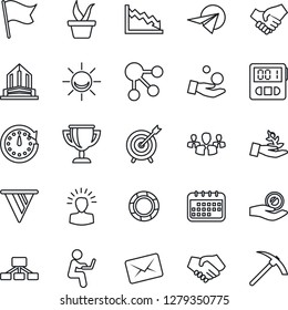 Thin Line Icon Set - seedling vector, stopwatch, alarm led, target, group, palm sproute, shining head, handshake, clock, pennon, crisis, investment, calendar, flag, paper plane, social media, mail