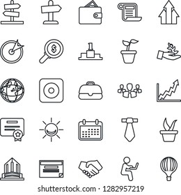Thin Line Icon Set - seedling vector, rec button, alarm led, target, group, arrow up graph, palm sproute, handshake, wallet, earth, growth, money search, calendar, case, schedule, certificate, tie