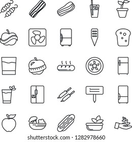 Thin Line Icon Set - seedling vector, plant label, diet, fridge, drink, phyto bar, salad, bacon, bread, kebab, hot dog, apple fruit, fan, palm sproute