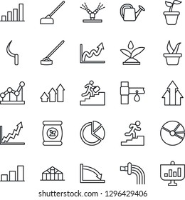 Thin Line Icon Set - seedling vector, watering can, hoe, sickle, greenhouse, fertilizer, drip irrigation, bar graph, pie, point, career ladder, arrow up, growth, crisis, presentation