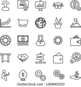 Thin Line Icon Set - seedling vector, consumer search, group, gear, shining head, motivation, handshake, wallet, pennon, earth, growth graph, money, cart, flask, cash, crisis management, certificate