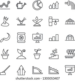 Thin Line Icon Set - seedling vector, watering can, sproute, hoe, sickle, greenhouse, fertilizer, drip irrigation, bar graph, pie, point, career ladder, arrow up, crisis, presentation