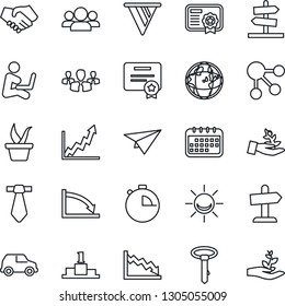 Thin Line Icon Set - seedling vector, stopwatch, alarm led, group, palm sproute, handshake, pennon, earth, growth graph, crisis, calendar, car, paper plane, social media, certificate, pedestal, tie