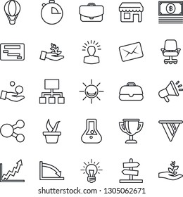 Thin Line Icon Set - seedling vector, stopwatch, alarm led, palm sproute, shining head, pennon, growth graph, crisis, office chair, investment, idea, flask, cash, case, schedule, social media, mail