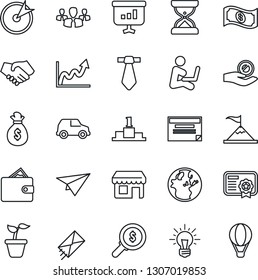 Thin Line Icon Set - seedling vector, target, group, motivation, handshake, wallet, money bag, earth, growth graph, search, investment, idea, cash, car, paper plane, schedule, certificate, mail, tie