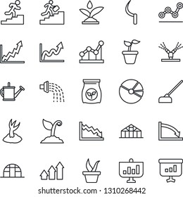 Thin Line Icon Set - seedling vector, watering can, sproute, hoe, sickle, greenhouse, fertilizer, pie graph, point, career ladder, irrigation, arrow up, growth, crisis, presentation