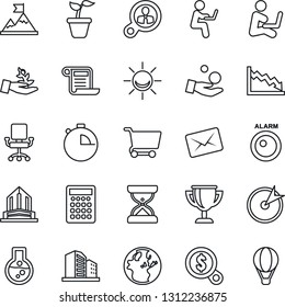 Thin Line Icon Set - seedling vector, stopwatch, alarm led, target, consumer search, palm sproute, motivation, earth, crisis, office chair, money, investment, cart, flask, calculator, mail, contract
