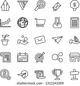 Thin Line Icon Set - seedling vector, target, consumer search, arrow up graph, palm sproute, pennon, earth, growth, money, investment, calendar, cart, flask, calculator, paper plane, social media