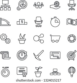Thin Line Icon Set - seedling vector, stopwatch, alarm led, target, consumer search, group, gear, clock, crisis, office chair, investment, cart, cash, schedule, social media, hierarchy, management
