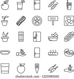 Thin Line Icon Set - seedling vector, plant label, fridge, drink, phyto bar, salad, bacon, bread, kebab, hot dog, apple fruit, fan, palm sproute