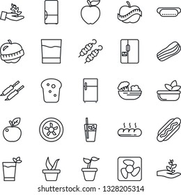 Thin Line Icon Set - seedling vector, diet, fridge, drink, phyto bar, salad, bacon, bread, kebab, hot dog, apple fruit, fan, palm sproute