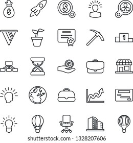 Thin Line Icon Set - seedling vector, consumer search, shining head, rocket, money bag, pennon, earth, growth graph, office chair, investment, idea, case, schedule, hierarchy, certificate, pedestal