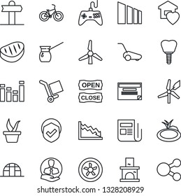 Thin Line Icon Set - Seedling Vector, Lawn Mower, Fireplace, Greenhouse, Pond, Bike, Implant, Signpost, Client, Cargo, Sorting, Shield, News, Gamepad, Equalizer, Windmill, Sweet Home, Open Close