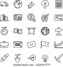 Thin Line Icon Set - seedling vector, alarm led, target, rocket, pennon, earth, growth graph, money search, idea, flag, cash, case, calculator, car, paper plane, schedule, certificate, mail, tree