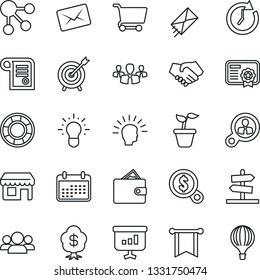 Thin Line Icon Set - seedling vector, target, consumer search, group, shining head, handshake, wallet, clock, pennon, money, idea, calendar, cart, social media, crisis management, certificate, mail