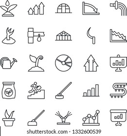 Thin Line Icon Set - seedling vector, watering can, sproute, hoe, sickle, greenhouse, fertilizer, drip irrigation, bar graph, pie, point, career ladder, arrow up, crisis, presentation